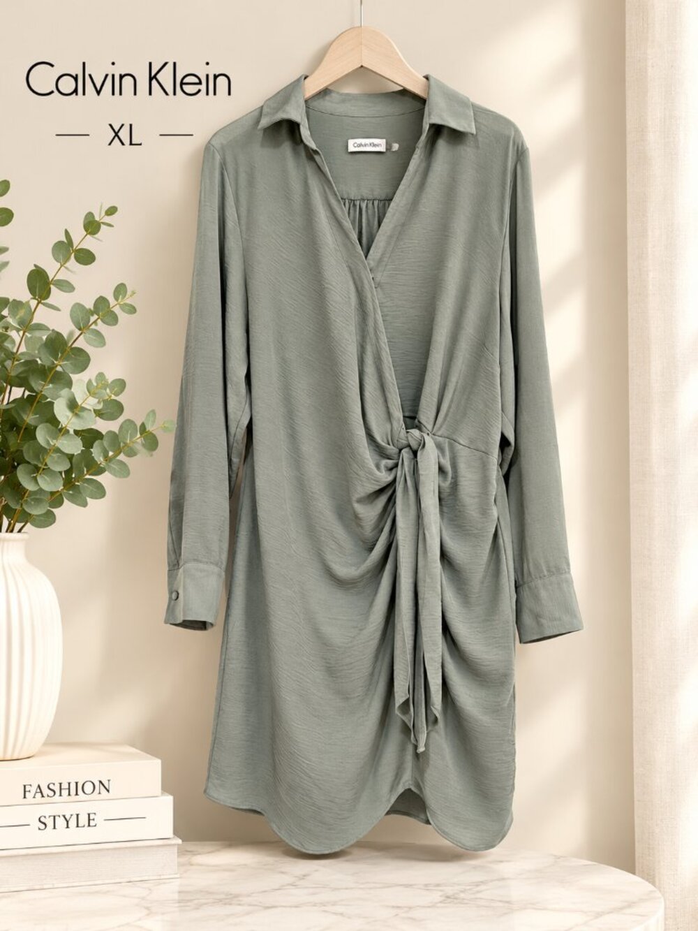 Calvin Klein Sage Green Wrap Dress – Size XL